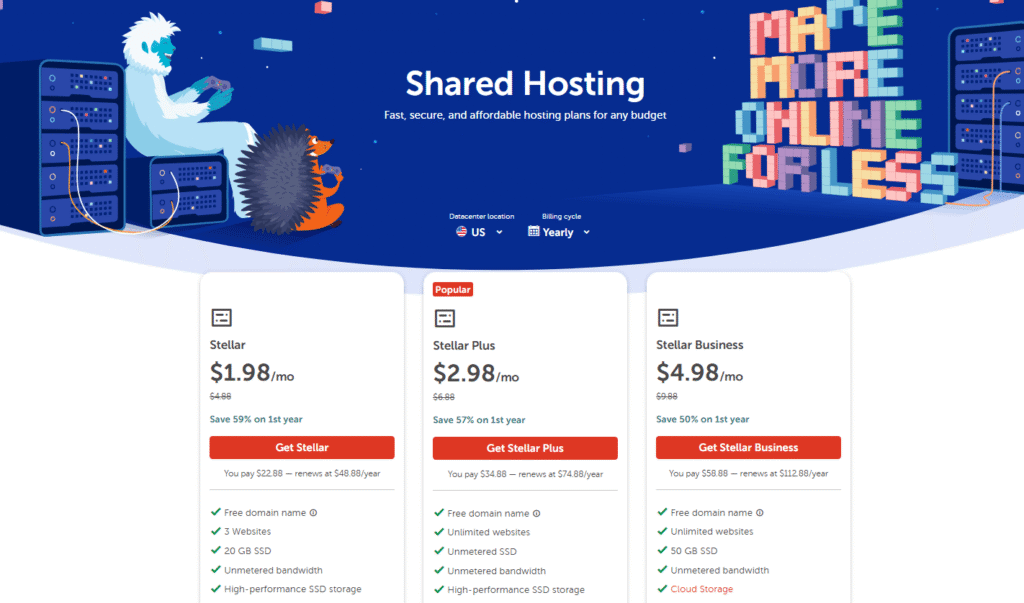 Namecheap Hosting Plans, Pricing & Review (Updated Guide) 2 Screenshot of Shared Hosting pricing table. Namecheap Shared Hosting Plans