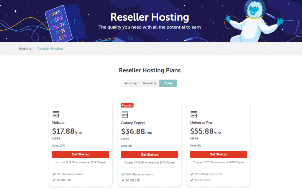 Namecheap Hosting Plans, Pricing & Review (Updated Guide) 5 Reseller hosting pricing table screenshot.