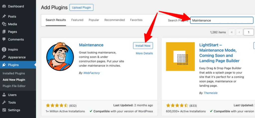 searching maintenance plugin on WordPress for WordPress Website Maintenance Mode