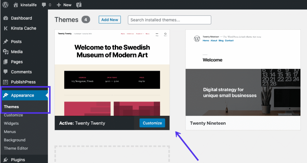 Switch to a Default WordPress Theme dashboard method.
