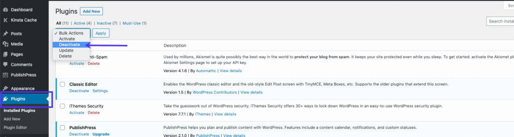 Disable All WordPress Plugins admin method
