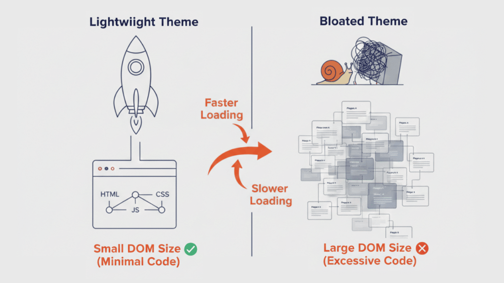 Add a comparison graphic showing a lightweight theme vs a bloated theme (DOM size).
