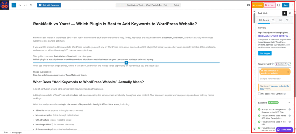 RankMath focus keyword input field with the SEO checklist visible in the WordPress editor.