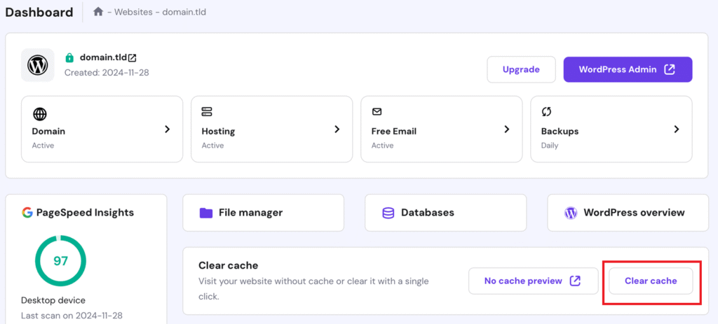 Cache clear option in WordPress or hosting dashboard