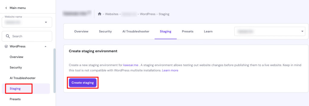 Hosting dashboard staging button screenshot
