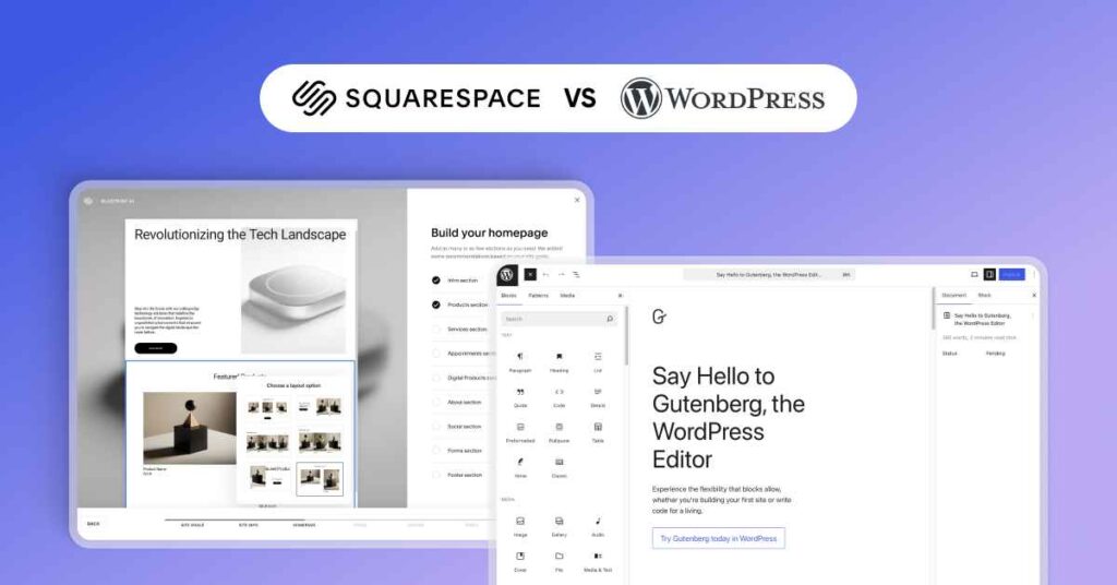 Side-by-side dashboard comparison of WordPress and Squarespace